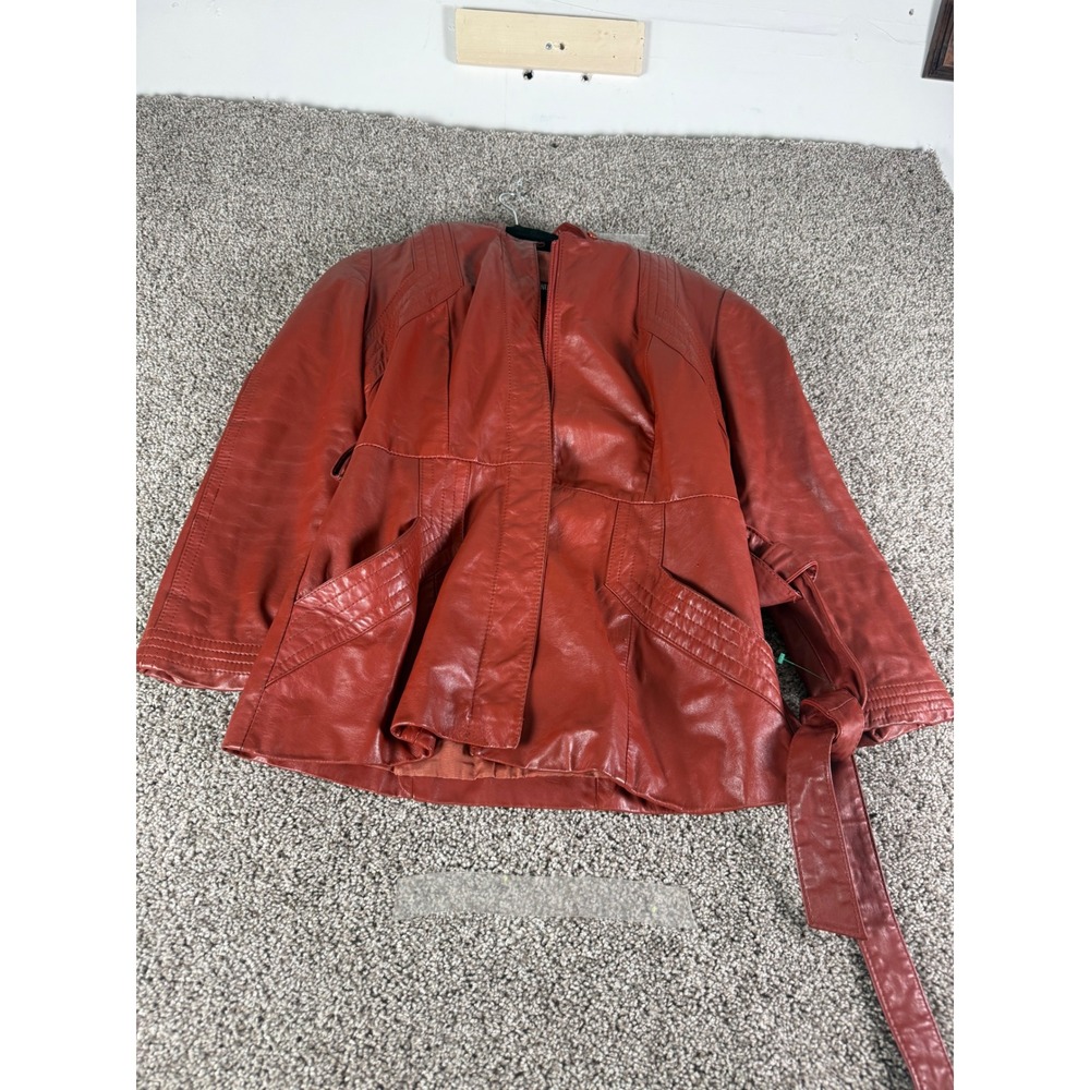 Vintage Red Genuine Leather Hooded Jacket Belted Waist Made in Uruguay Womens M